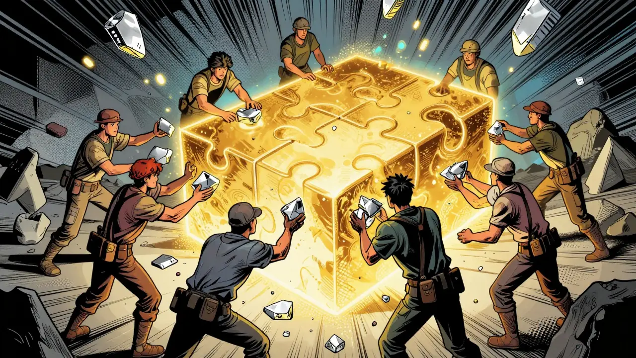 Miners contributing silver shares to complete a large golden block puzzle in a graphic novel style.