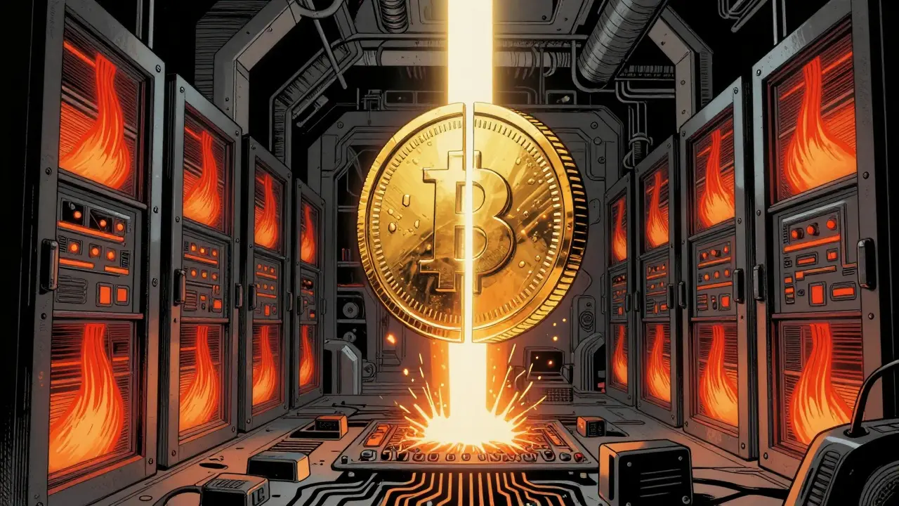 Mining server room with a floating coin sliced by a beam of light.