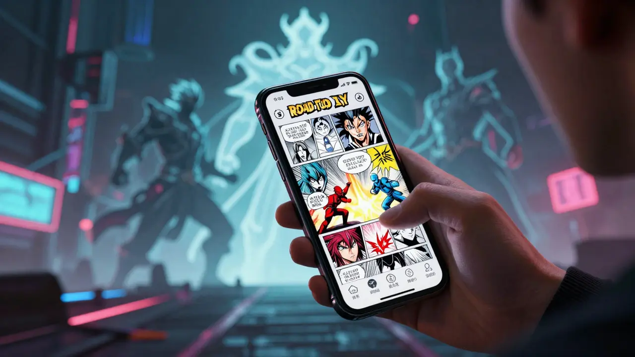 Person using a smartphone to play a manga card game with spirits in the background.