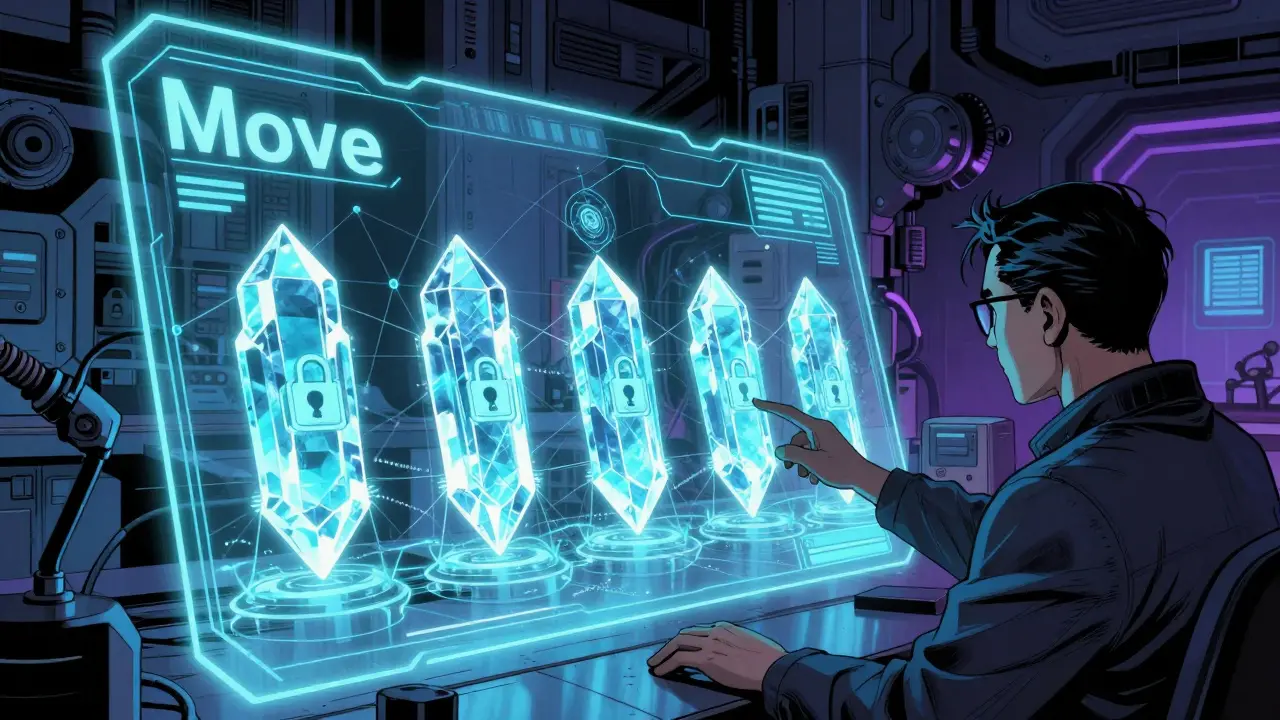 Programmer interacting with secure, crystalline digital assets using the Move language.