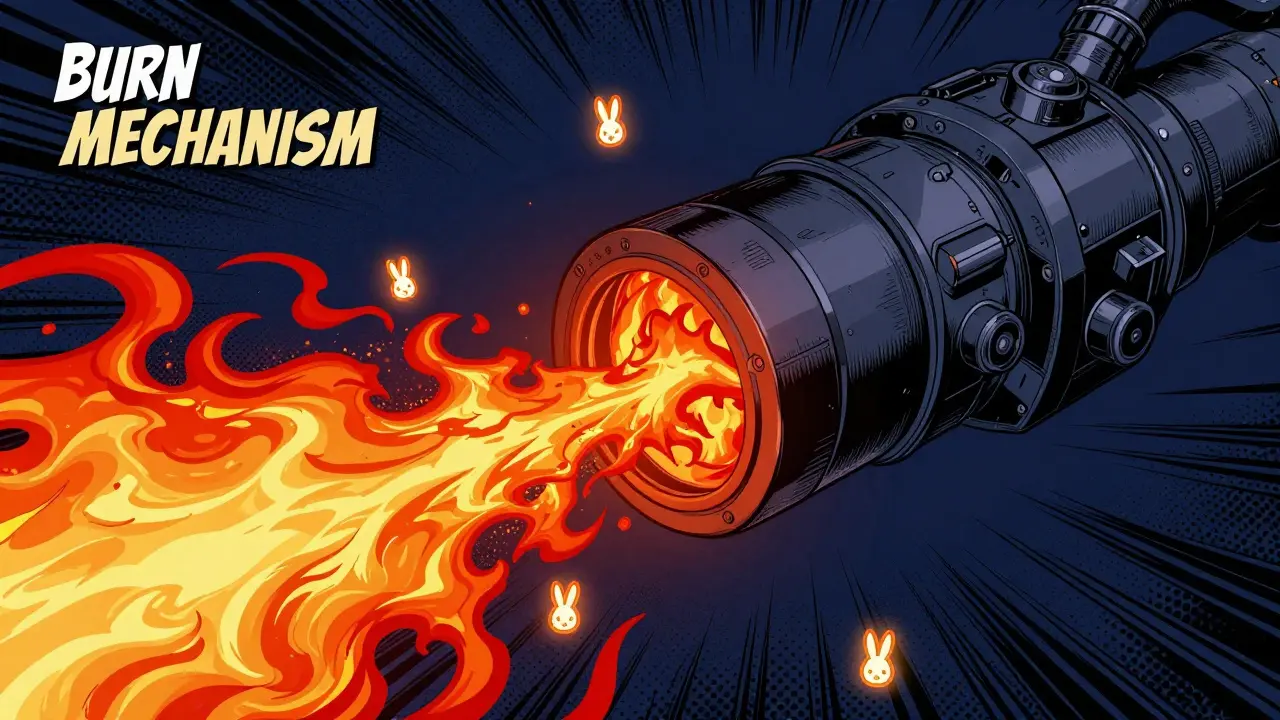 Rabbit-shaped tokens being sucked into a fiery mechanical incinerator in a digital void