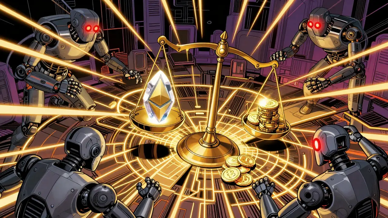 Robotic bots attacking a tipping digital scale of crypto assets.