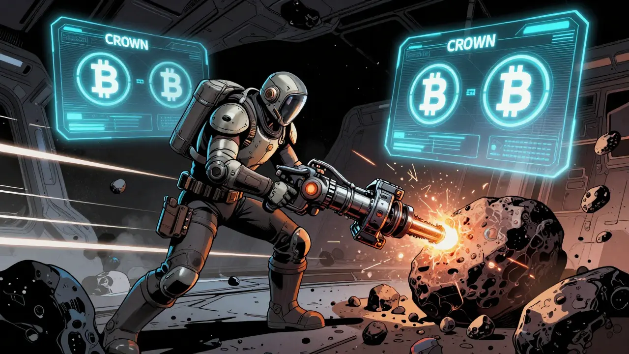 Space miner drilling an asteroid with holographic currency symbols in a comic book style.