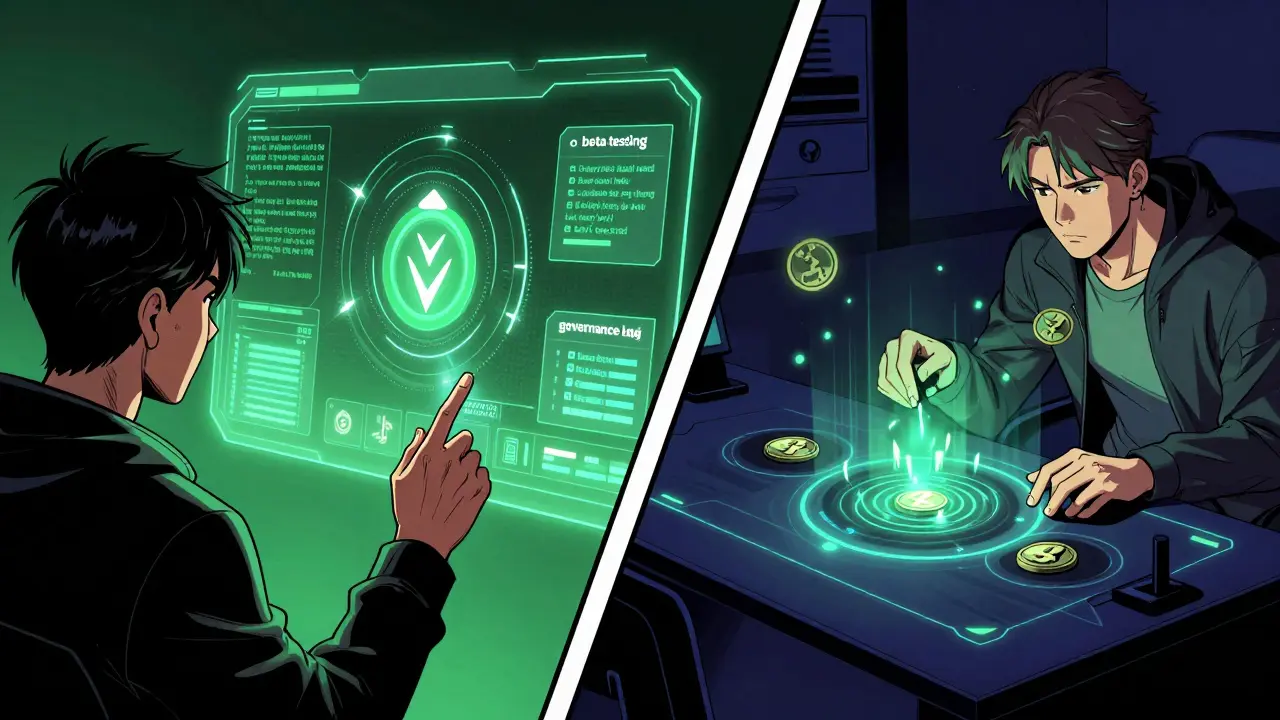 Split panel showing a user beta testing and another staking tokens in a comic book art style.