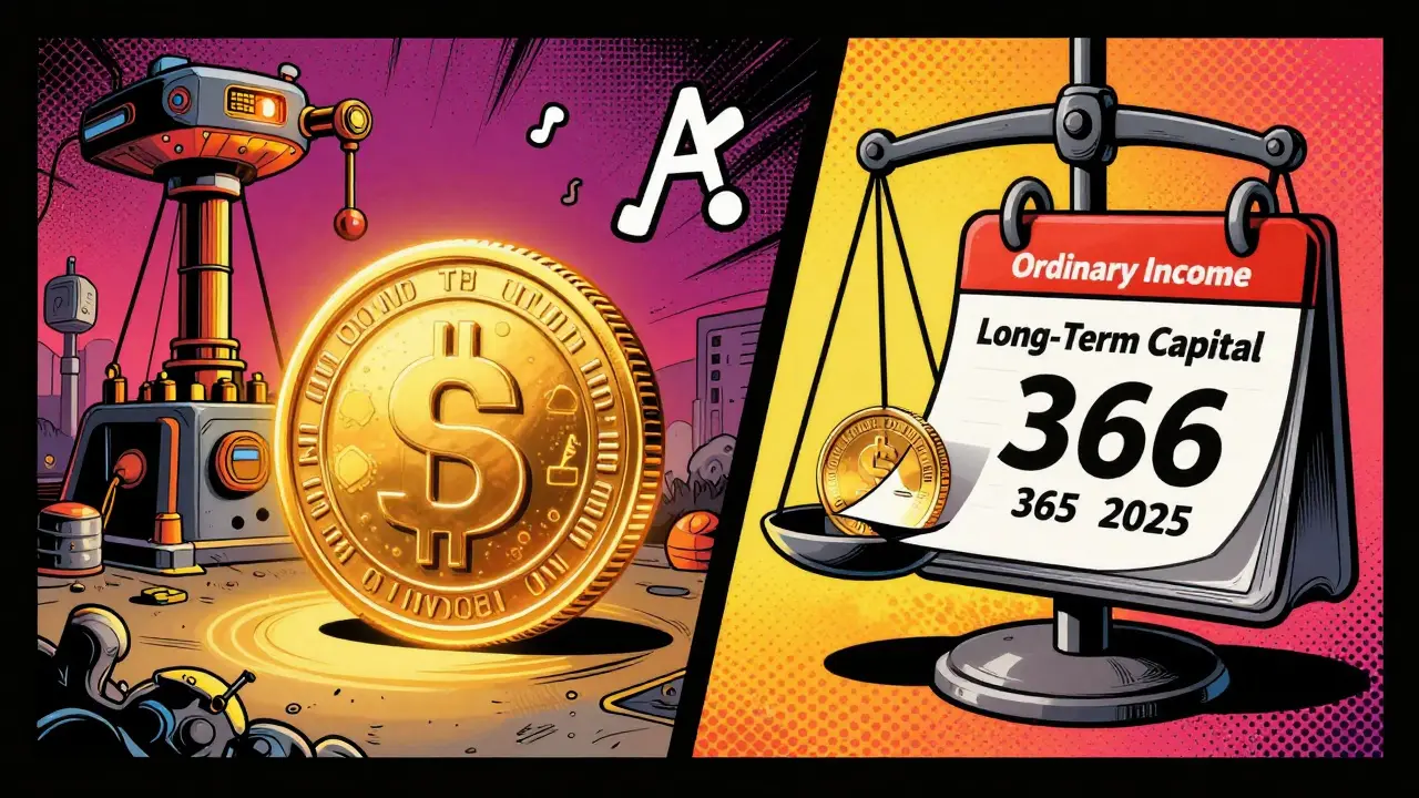Split-screen illustration showing crypto mining income and long-term capital gains timing