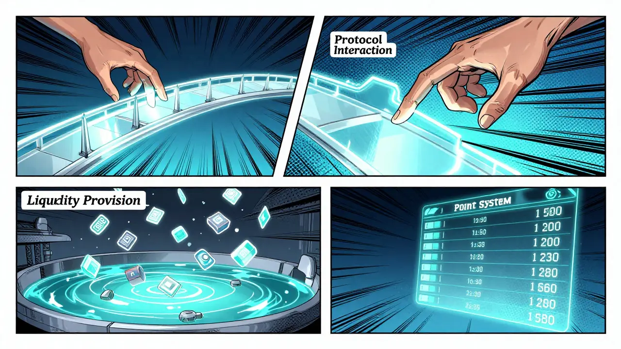 Three panels showing crypto protocol interaction, liquidity pools, and a point leaderboard.