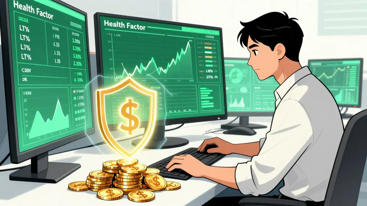 Trader calmly monitoring healthy crypto loan ratios behind a digital shield.