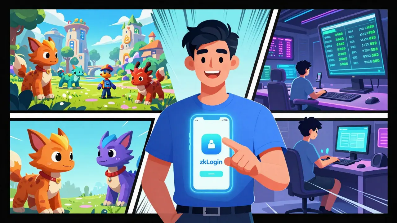 User easily accessing a blockchain app with a gaming and DeFi world in the background.