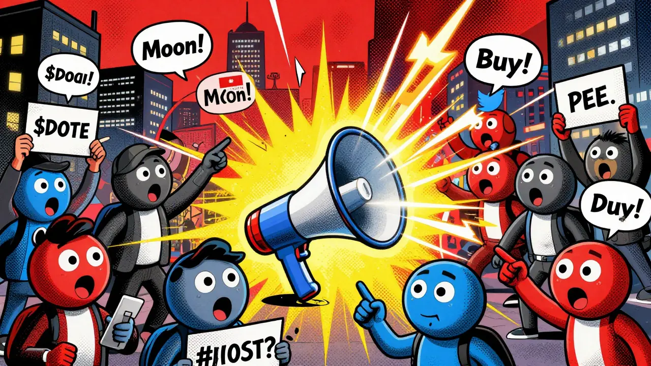 Chaotic comic scene of social media hype driving coin prices