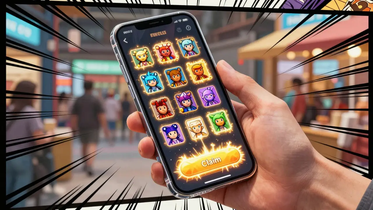 Character checking eligible NFTs on a glowing mobile device