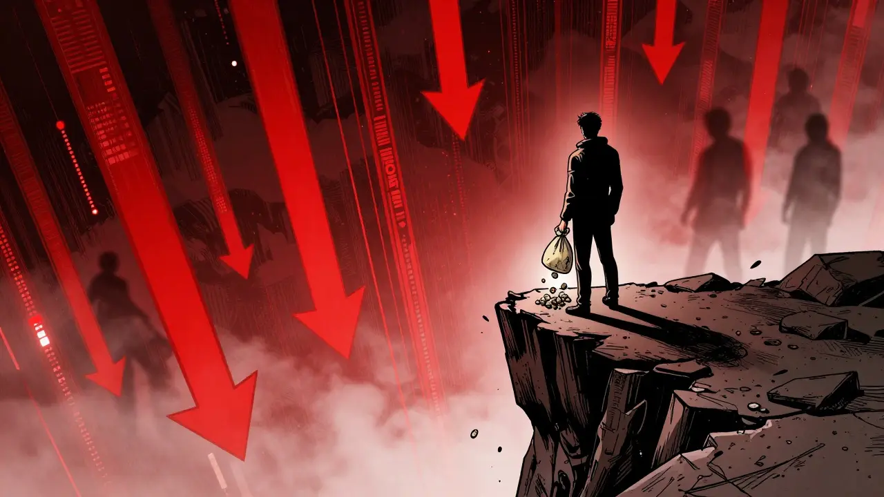 Comic art of investor facing risks of volatile crypto market drop