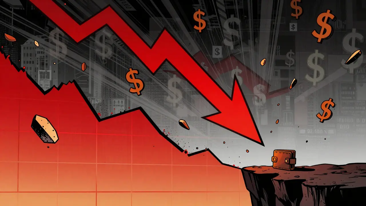 Comic book art showing a dramatic crash in crypto token value with red arrows and debris.