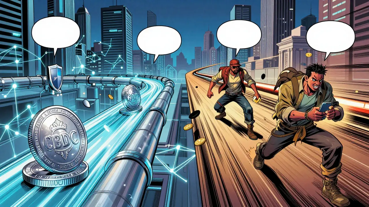 Comic book illustration of CBDCs and cross-border crypto payments coexisting