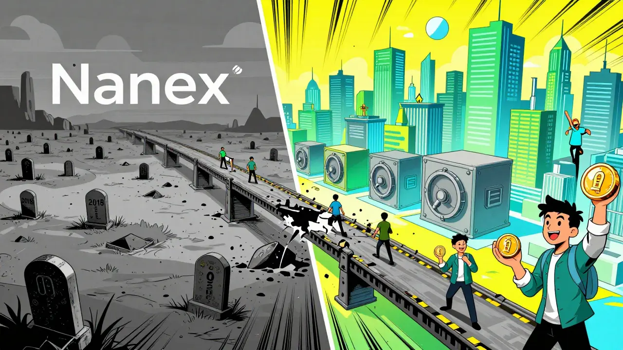 Comic book split view showing a dead exchange wasteland versus a vibrant modern trading city.