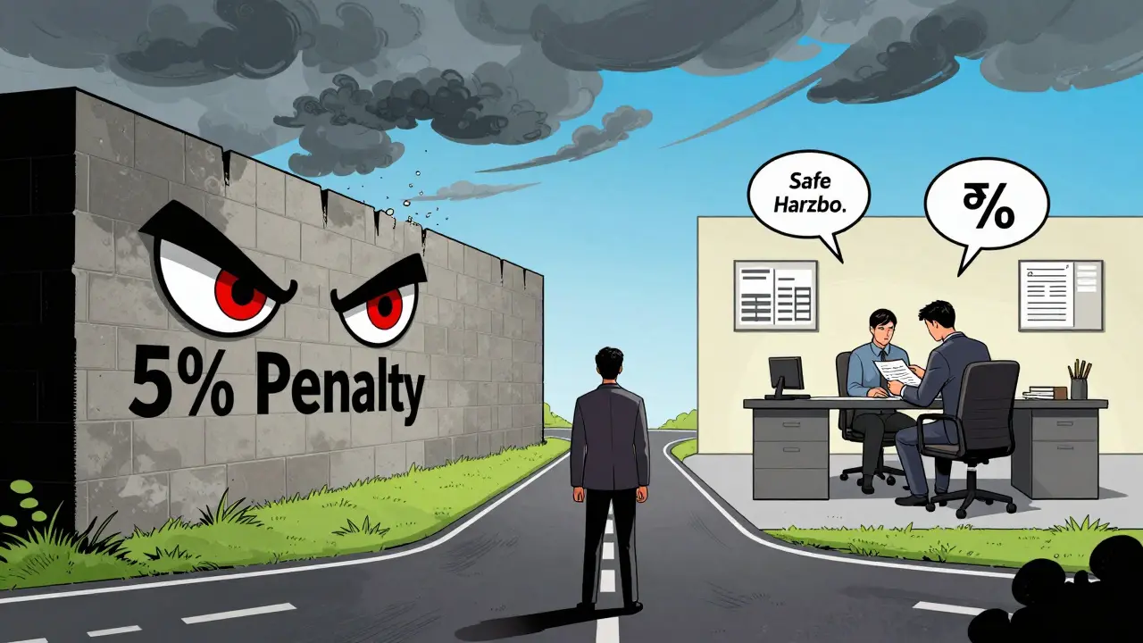 Comic illustration of a trader choosing between a penalty wall and compliant filing.
