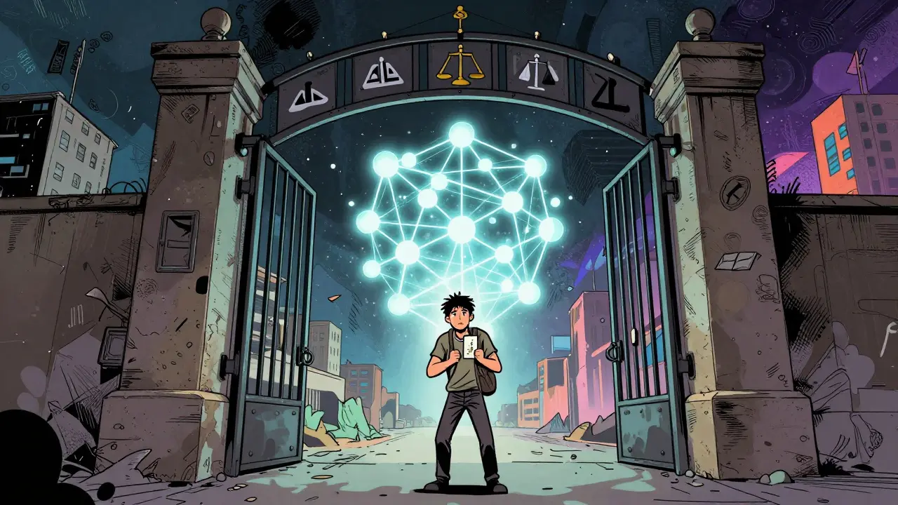 Comic illustration of a user facing a regulatory gate while a free blockchain network glows behind it.