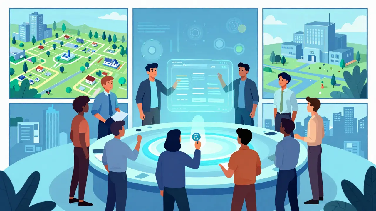 Comic illustration of DAO members voting and using B2B tools in a digital ecosystem.