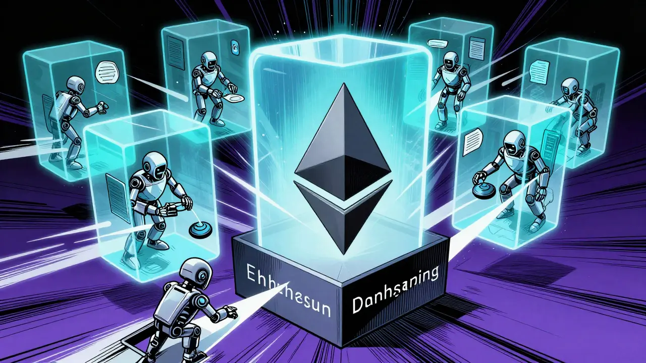 Comic style illustration of Layer 2 rollups processing data blobs on Ethereum.
