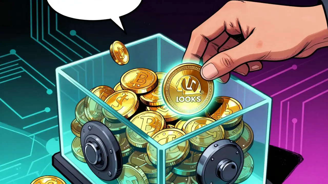 Digital LOOKS token being staked in a glowing vault for rewards