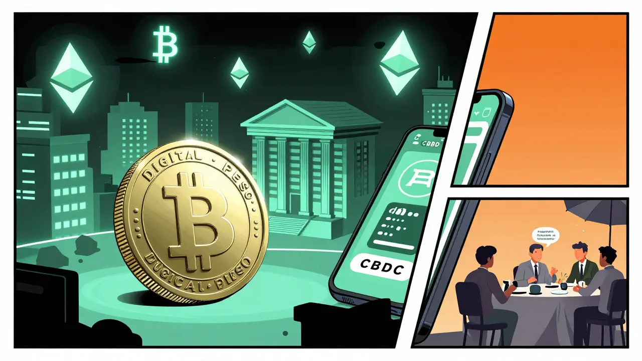 Digital peso CBDC shining brightly while private cryptocurrencies fade in shadows