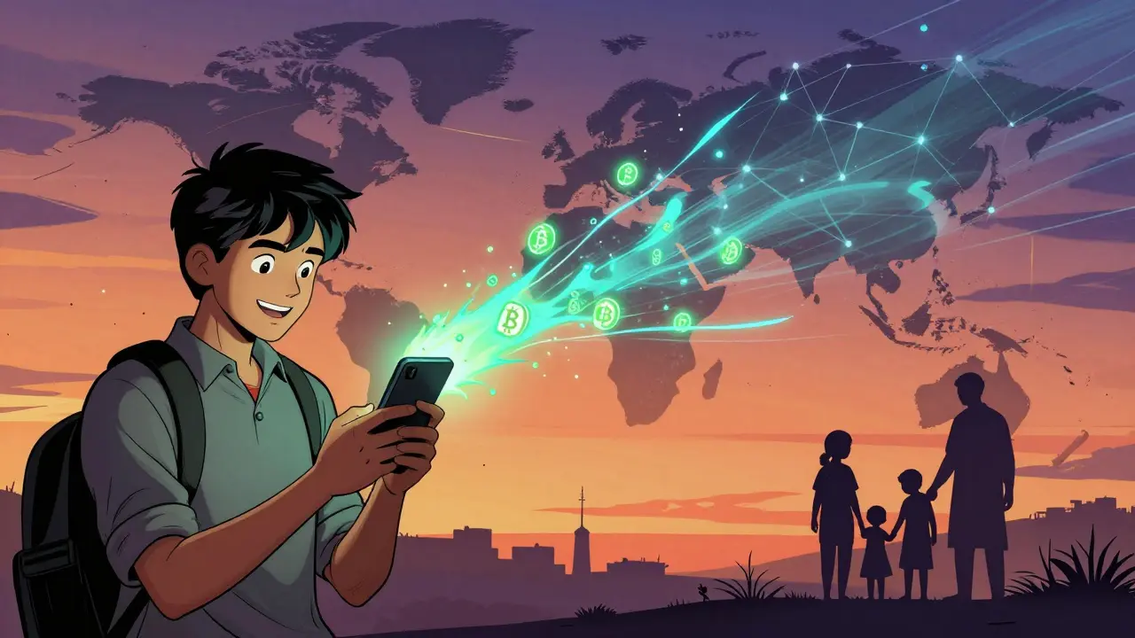 Digital remittance sent via smartphone across borders in comic style