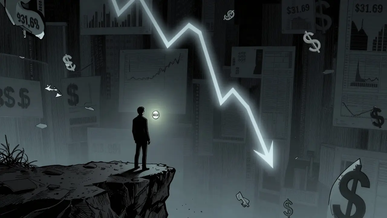 Figure holding fading token over cliff with crashing chart