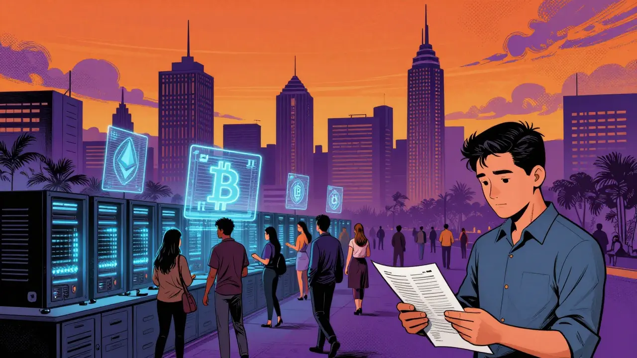 Futuristic comic scene depicting mainstream crypto adoption, legal mining infrastructure, and tax compliance.