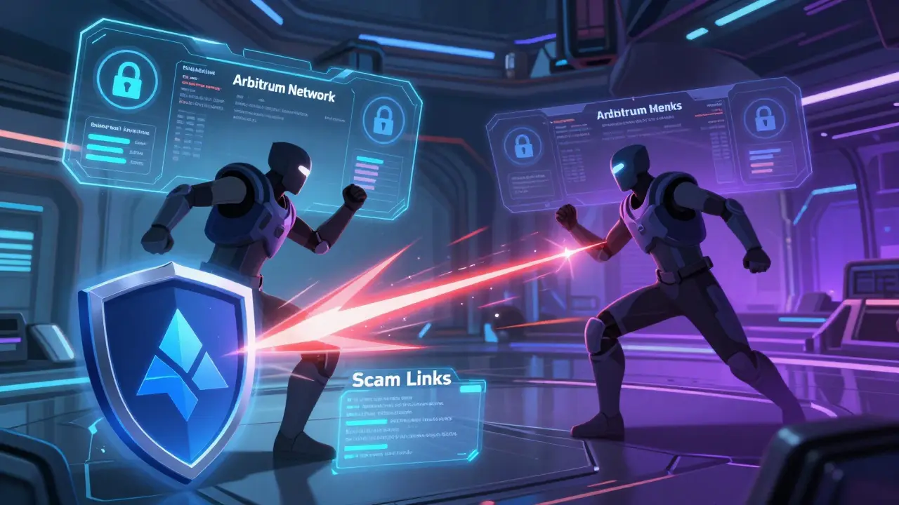 Futuristic gaming arena showing secure blockchain battles and scam protection.