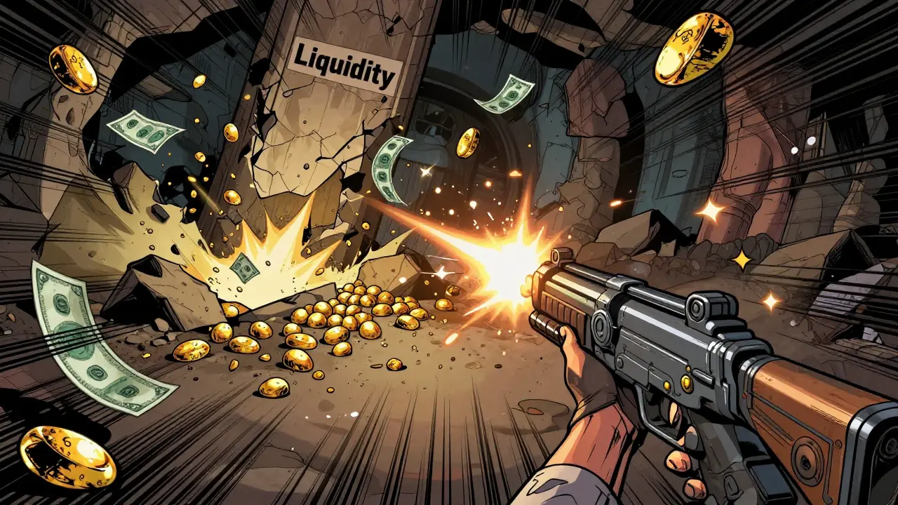 Game character shooting gold that turns to dust in a collapsing mine