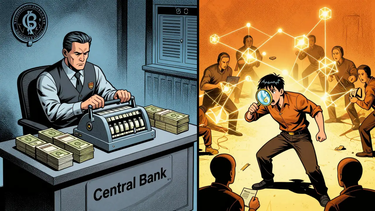 Graphic novel art contrasting central bank stability with decentralized crypto risks