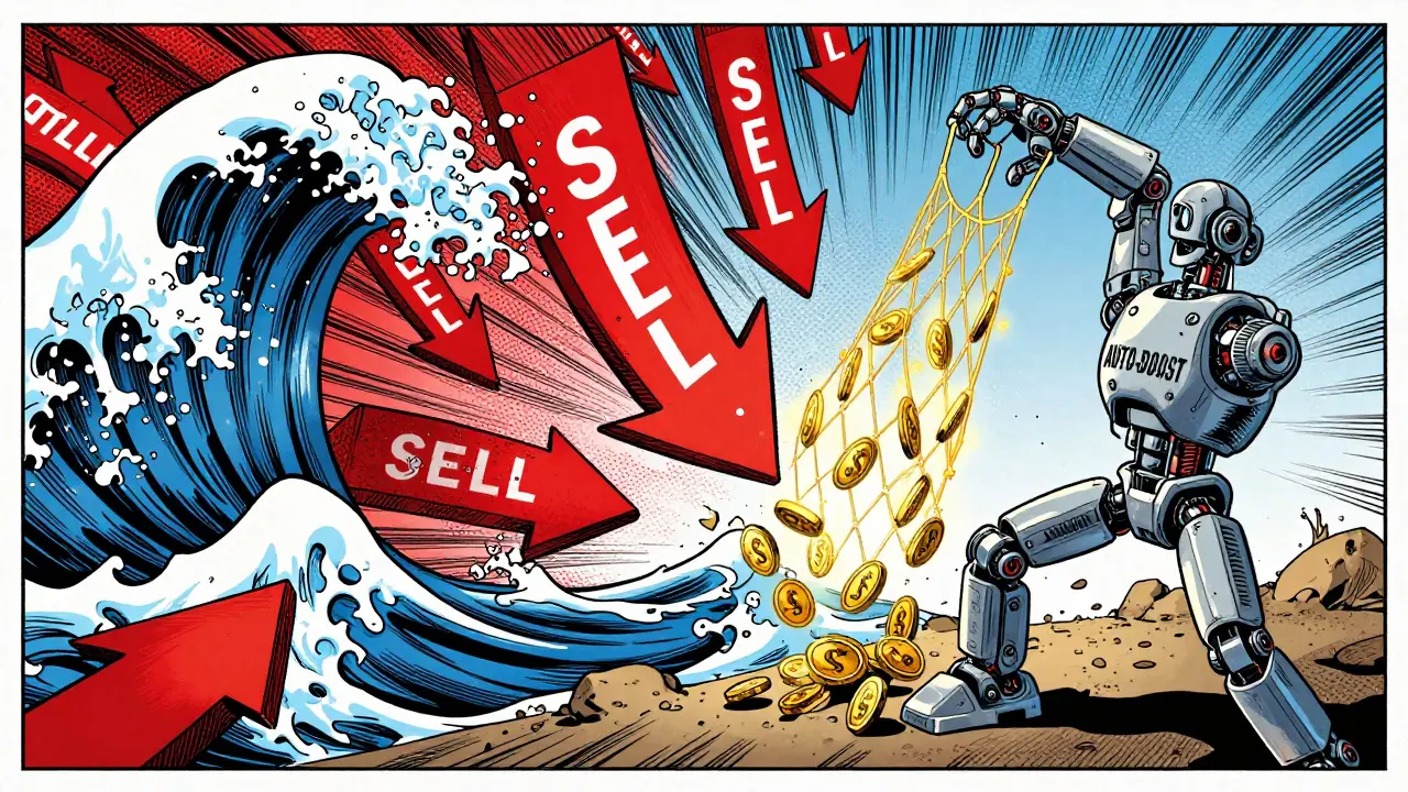 Graphic novel art showing a robotic hand stopping falling sell orders with a golden net.