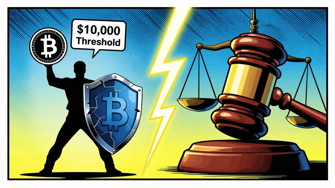 Graphic novel art showing conflict between crypto holder and IRS enforcement
