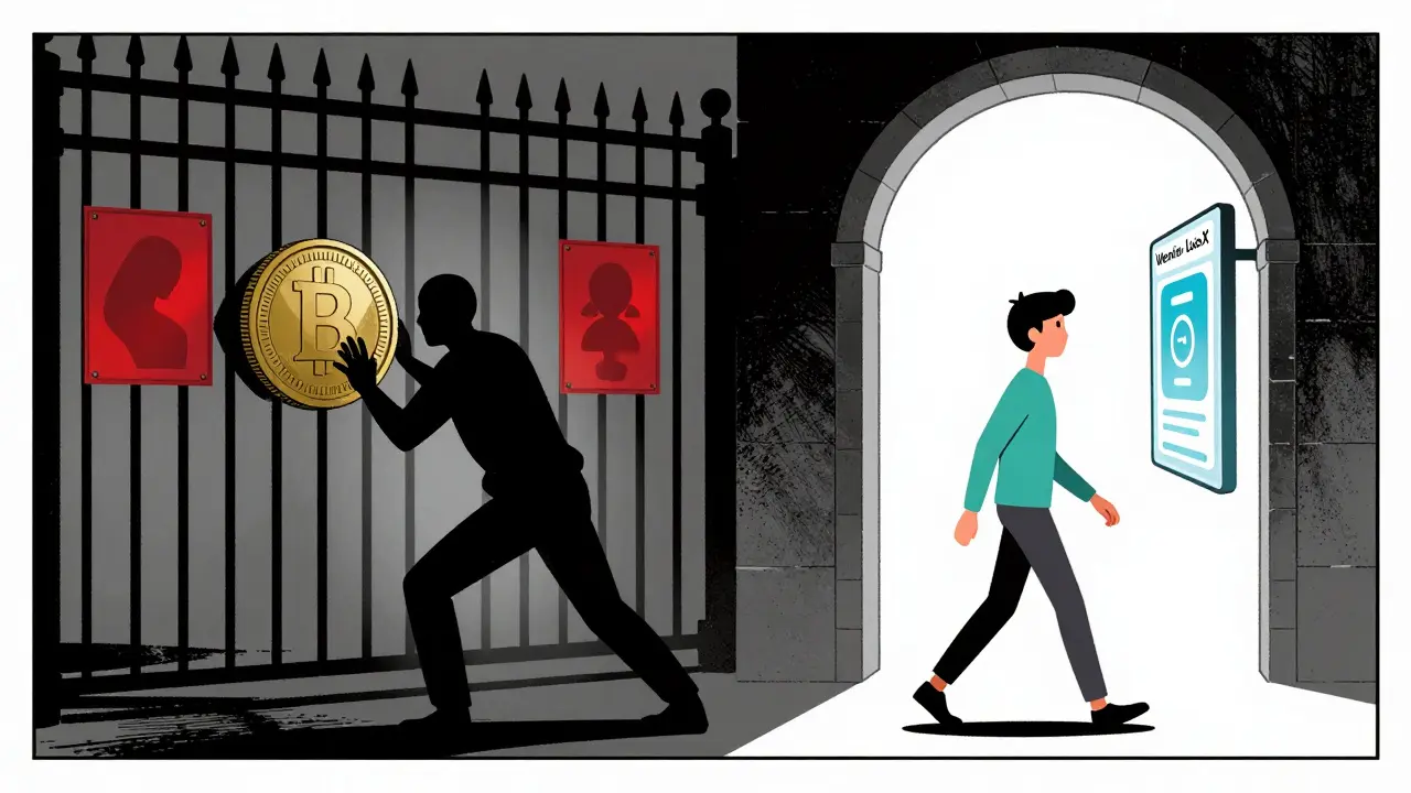 Graphic novel art showing the contrast between blocked international transfers and easy access via local platforms.