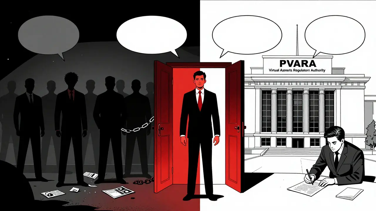 Graphic novel art showing the shift from crypto bans to regulation