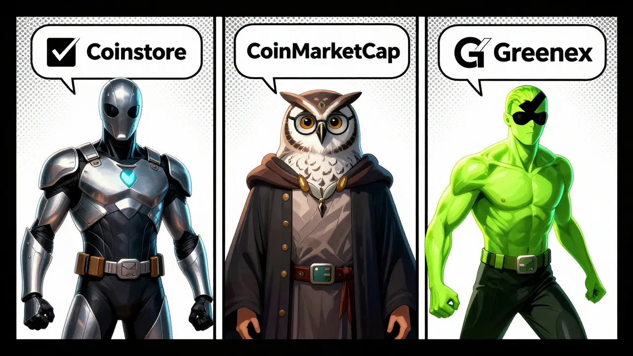 Graphic novel avatars of Coinstore, CMC, and Greenex standing apart