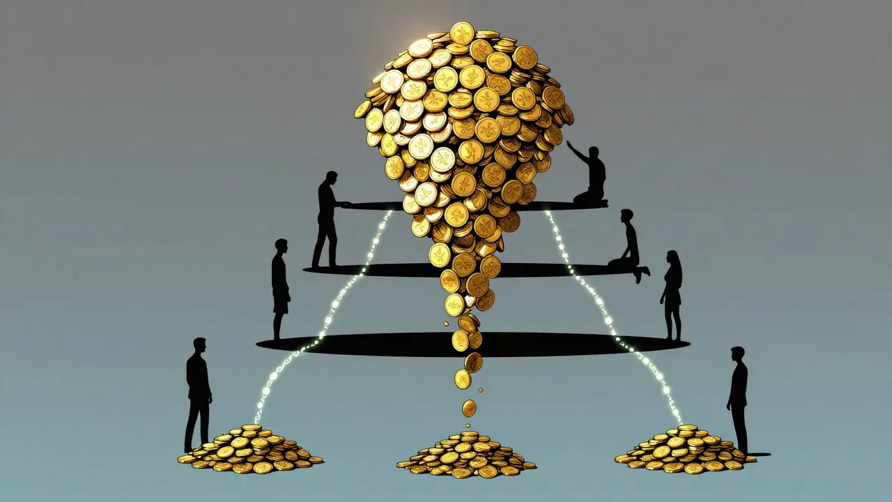 Graphic novel illustration of shrinking referral rewards across tiers