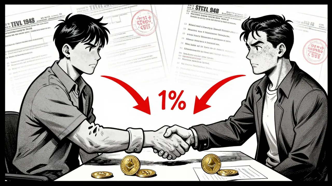 Graphic novel showing two people swapping crypto with deductions flowing from both sides.
