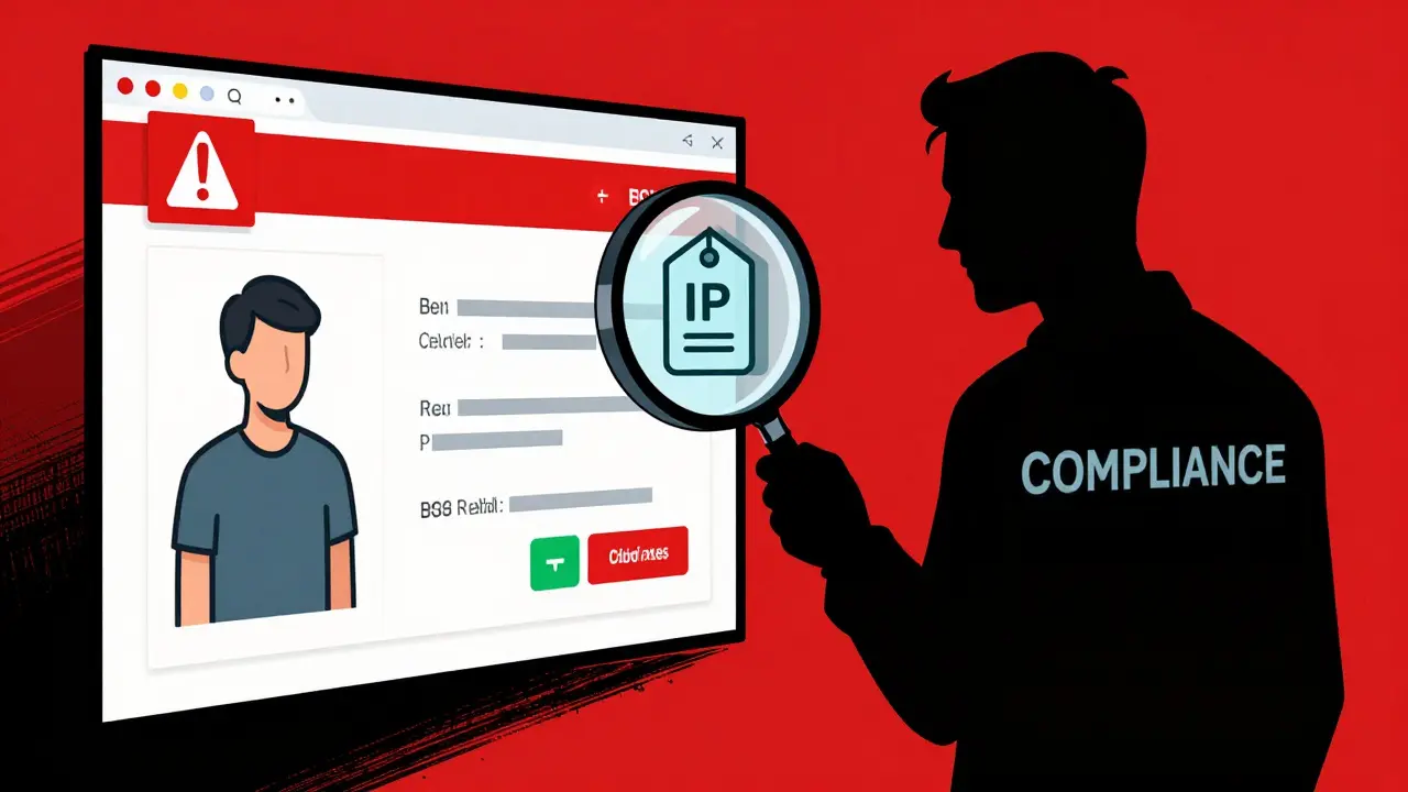 Graphic novel style image showing a red warning banner on a trading interface and a compliance inspector.