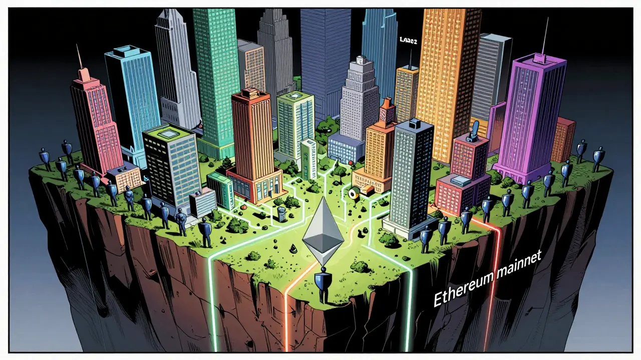 Graphic novel view of Ethereum as a secure base for a scalable Layer 2 city.