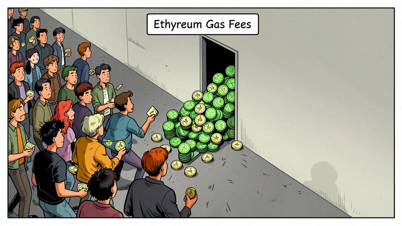 Illustration of crypto tokens struggling through high gas fees during a blockchain migration.
