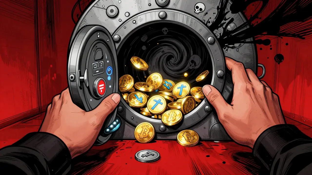 Illustration of valuable crypto assets draining from a wallet into a dark vortex, leaving worthless tokens behind.