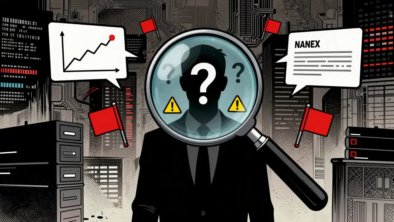 Noir comic style illustration of a detective investigating a faceless crypto corporation.