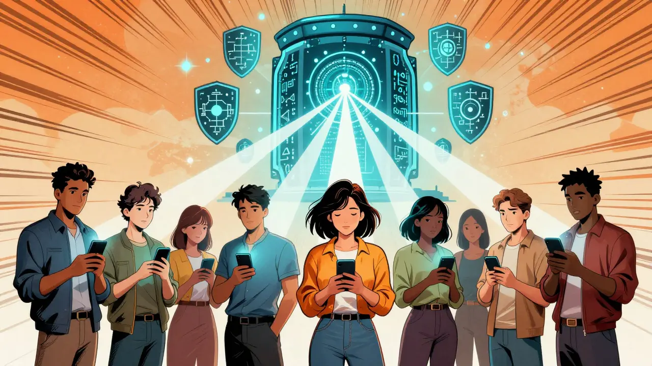 People connecting via smartphones to a secure, math-protected digital vault in the sky.
