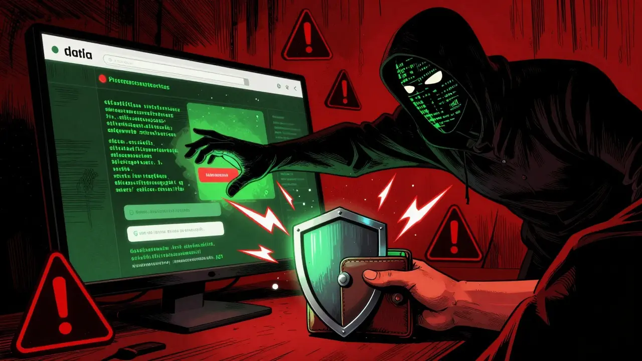 Shadowy hacker threatening a user's digital wallet security