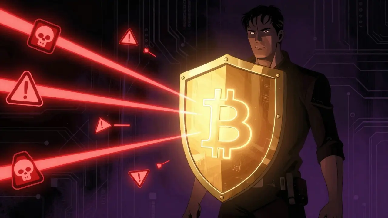 Shield protecting digital wallet from scam threats