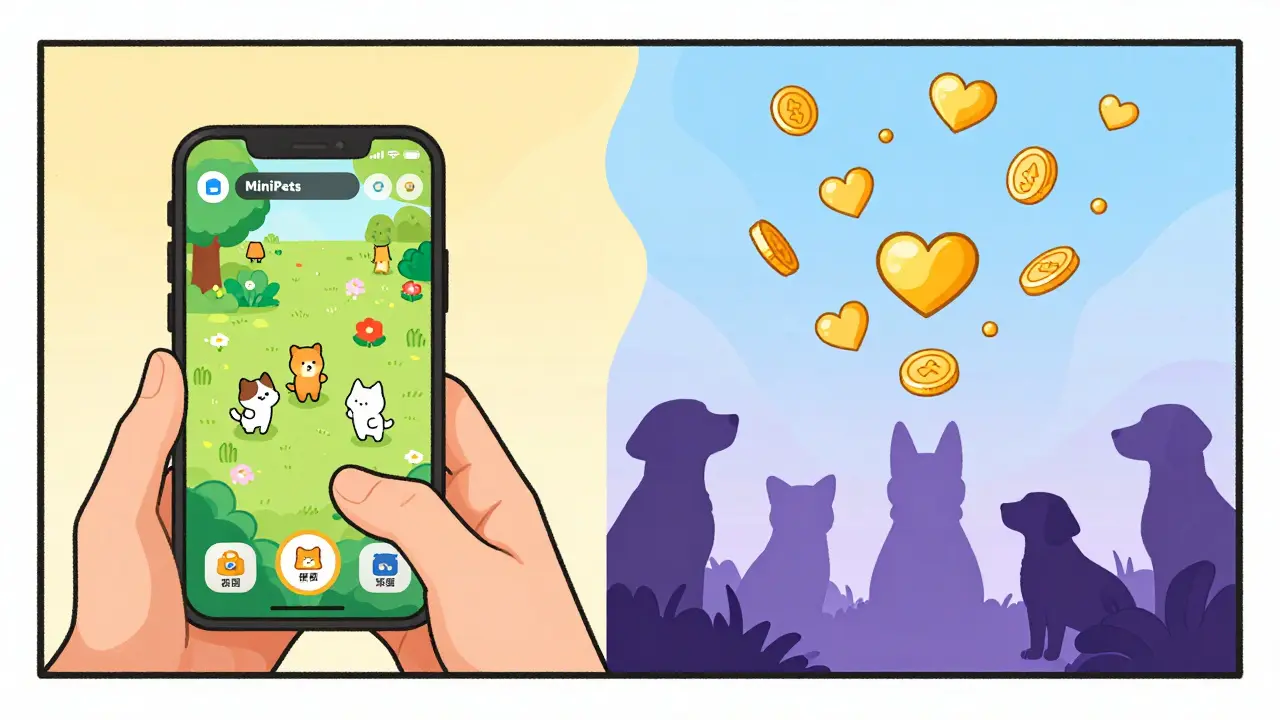 Split-panel comic showing virtual pet gaming and coins turning into charity hearts.
