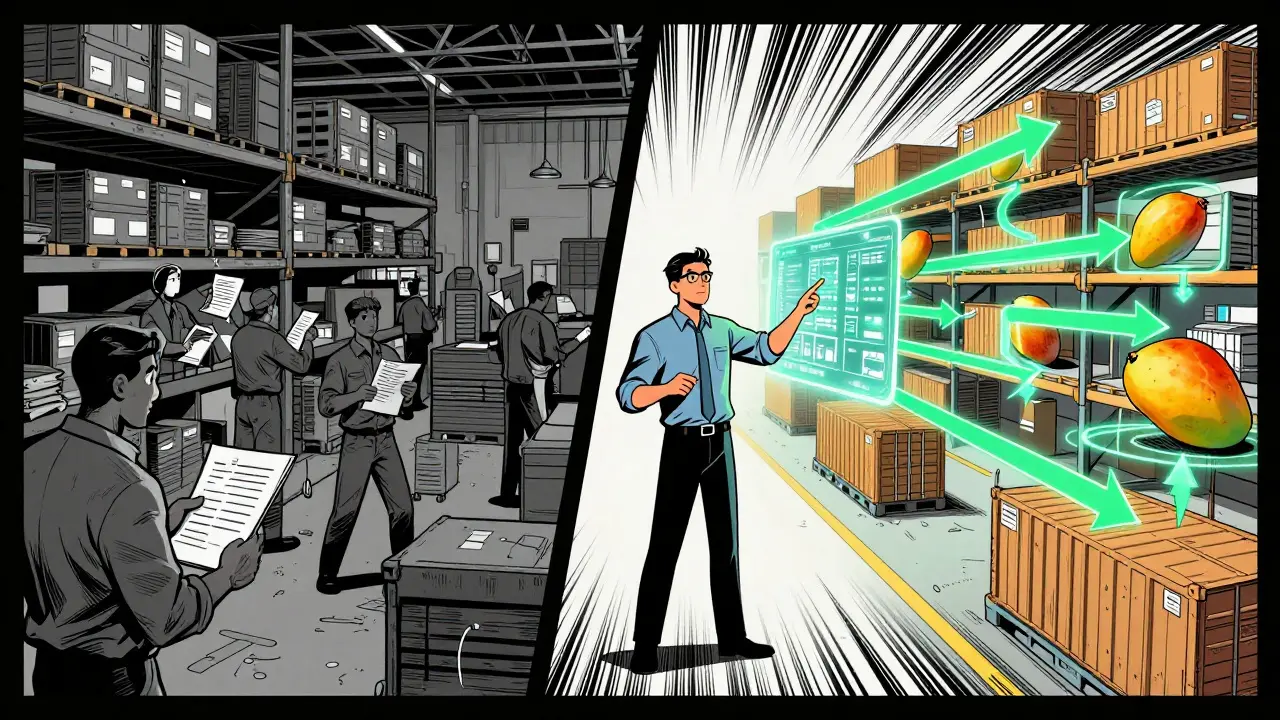 Split scene contrasting old manual logistics with modern blockchain-tracked supply chains.
