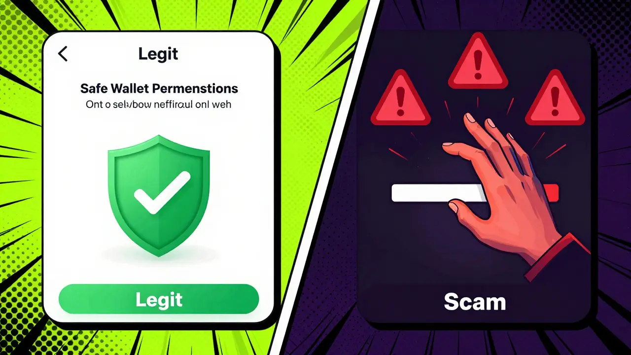 Split screen comparing safe vs scam crypto wallet connections