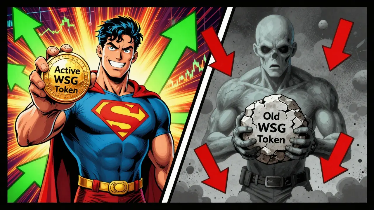 Split view contrasting valuable active WSG tokens with worthless old tokens.