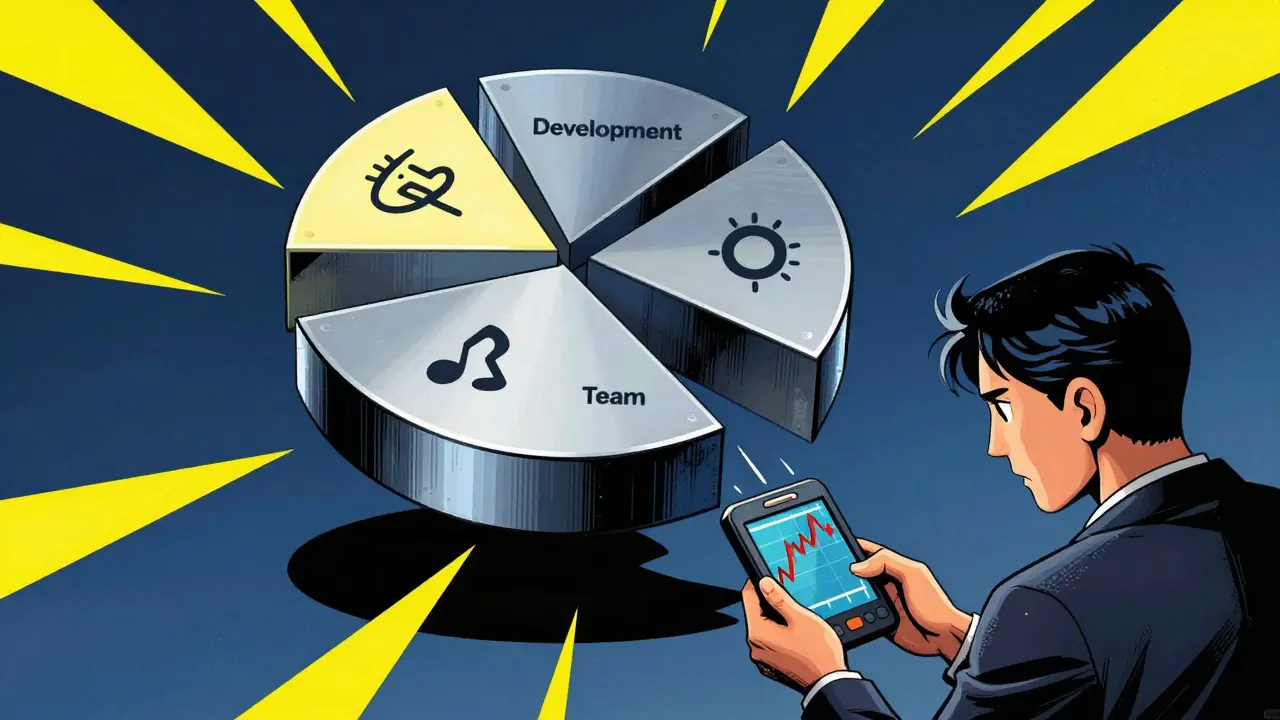 Tokenomics pie chart and volatile graphs in graphic novel art